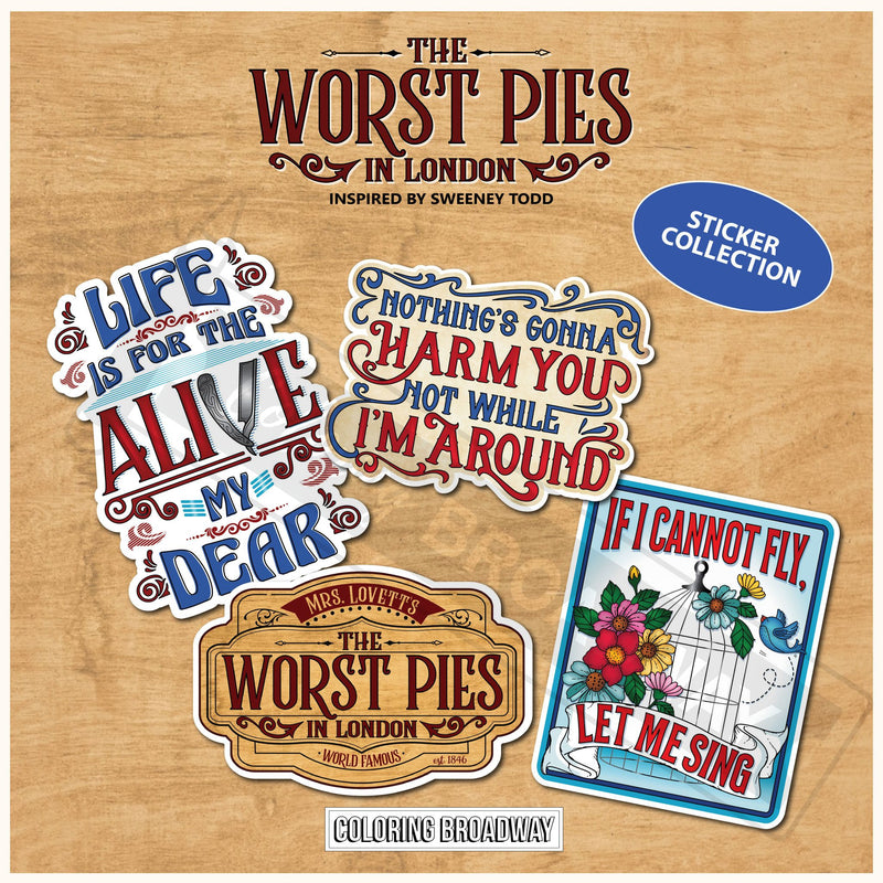 Sweeney Todd "The Worst Pies in London" Sticker Collection – (Set of 4 – 3” Die Cut Stickers)