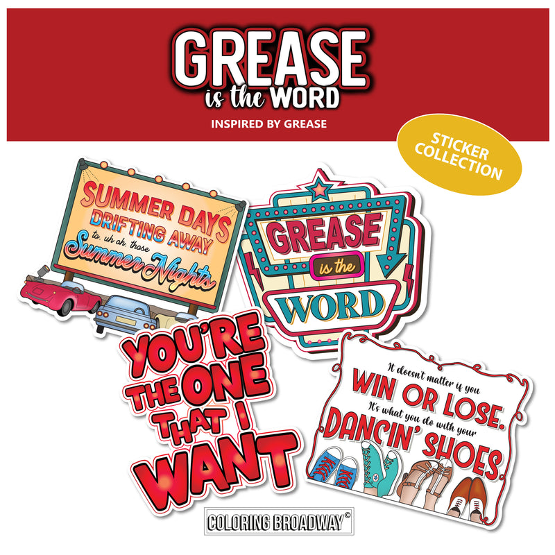 Grease "Grease is the Word” Sticker Collection – (Set of 4 – 3” Die Cut Stickers)