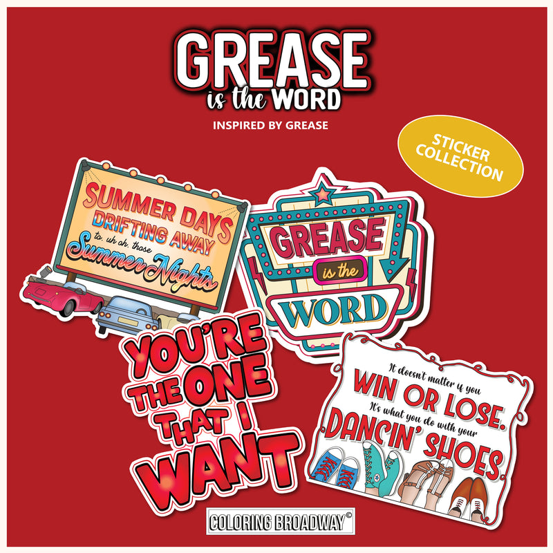 Grease "Grease is the Word” Sticker Collection – (Set of 4 – 3” Die Cut Stickers)