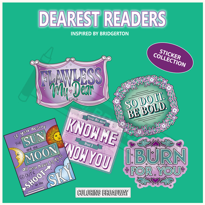 Bridgerton “Dearest Readers” Sticker Collection – (Set of 5 – 3” Die Cut Stickers)